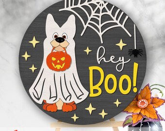 Hey Boo SVG, plik do cięcia znaku na drzwi Halloween, sylwetka psa duchów, warstwowy wieszak jesienny DXF, upiorny znak wiszący dla zwierząt