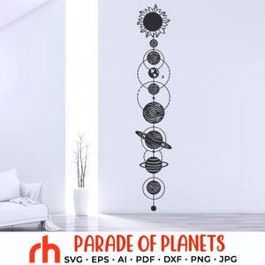 Parade van planeten SVG, zonnestelsel DXF, kosmische gesneden bestand, planeten op de lijn vector, ruimte kunst aan de muur, planeten silhouet