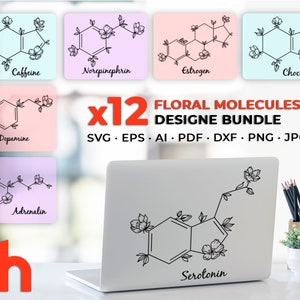 May include: A digital design bundle of 12 floral molecule illustrations. The illustrations are black and white line drawings of molecules with flowers incorporated into the design. The text "x12 FLORAL MOLECULES DESIGNE BUNDLE SVG EPS AI PDF DXF PNG JPG" is displayed in red and black text on a white background.