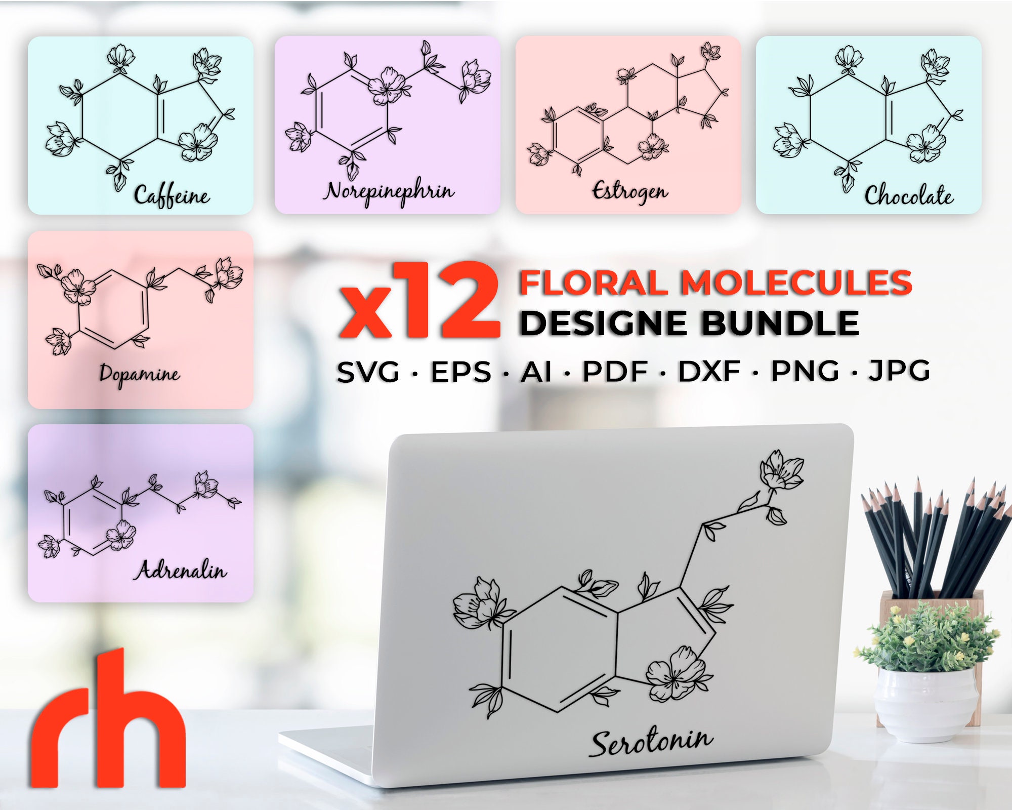 Brain Logo SVG - Floral Label Cut File - Flower Monogram DXF - So