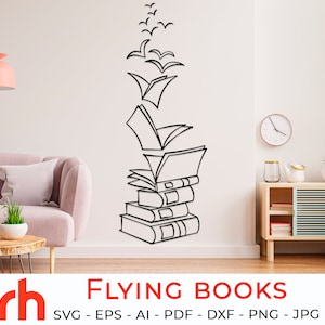 Flying Books SVG, Stack of Books Cut File, Librarian Design, Bookworm DXF, Reading Teacher