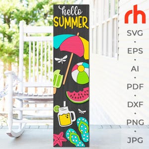Bonjour l'été SVG, fichier de coupe de panneau de porche en couches, silhouette d'éléments de plage, piscine DXF plus légère, gardienne d'arrière-cour, décoration de patio
