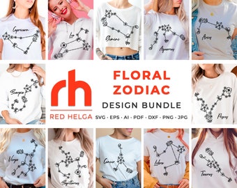 Floral Zodiac SVG Bundle, Flower Constellation Cut File, Wildflower Zodiac Signs DXF, Birthday Design Vector