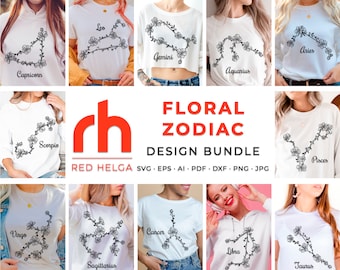 Floral Zodiac SVG Bundle, Flower Constellation Cut File, Wildflower Zodiac Signs DXF, Birthday Design Vector