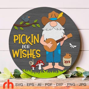 Pickin’ for Wishes SVG, archivo de corte de letrero de puerta de campo, silueta de un gnomo con un banjo, colgador en capas americano DXF, letrero colgante sureño