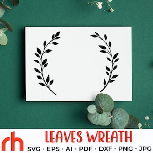 May include: A black and white image of a simple leaf wreath design on a white card. The card is on a green background with white flowers.