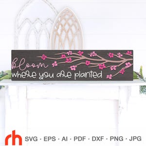 Florece donde estás plantado SVG, archivo de corte de letrero horizontal en capas, decoración de primavera DXF, silueta de rama de sakura, vector de cerezo en flor