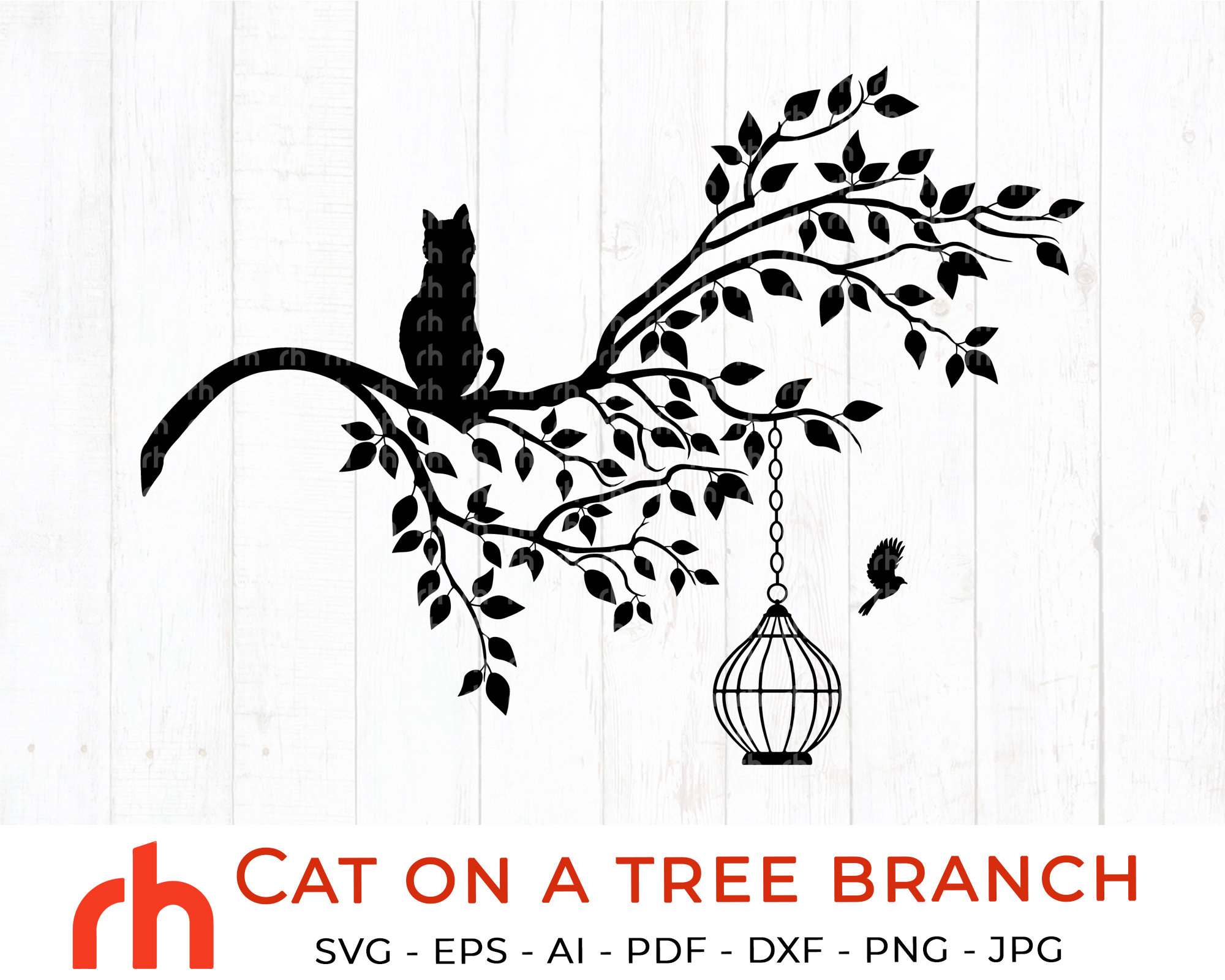 Cat on a tree branch svg Tree branch svg Spring cat svg | Etsy