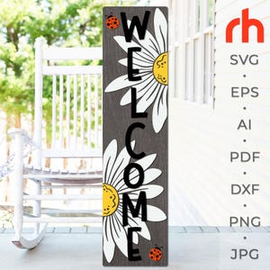 Daisy Welcome SVG, File di taglio del cartello del portico a strati, Silhouette di Daisy con coccinelle, Summer Leaner DXF, Design di Floral Sitter