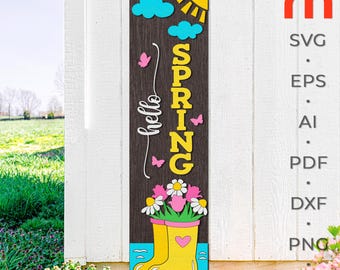 Hallo Frühling SVG, geschichtete Veranda Zeichen-Schnitt-Datei, Silhouette eines Gummistiefels mit einem Blumenstrauß, Floral Leaner DXF, Flower Sitter Design