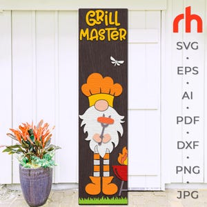 Grill Master SVG, archivo de corte de letrero de porche en capas, silueta de un gnomo con parrilla, Summer Leaner DXF, Backyard Sitter, decoración de patio