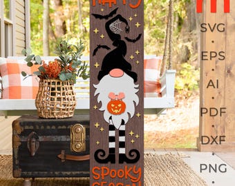 ハッピースプーキーシーズンSVG、レイヤードポーチサインカットファイル、ノーム魔女シルエット、ハロウィンリーナーDXF、秋のシッターデザイン