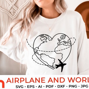 Erde Herz SVG, Flugzeug und Planet Cut-Datei, Weltreisende Clip Art, Reise Globus DXF, Planet mit einem Flugzeug Vektor, Reise Thema Design