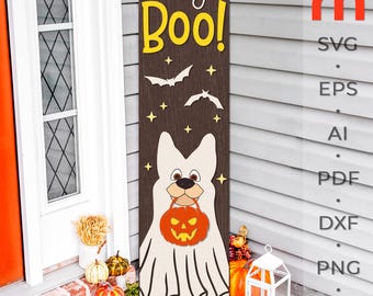 Hej Boo SVG, plik do wycinania napisów na ganku na Halloween, sylwetka psa-ducha, warstwowy jesienny Leaner DXF, upiorna opiekunka zwierząt, jesienne dekoracje