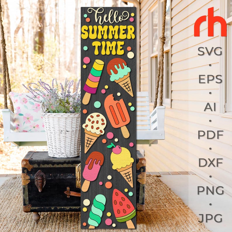 Summertime Sign Hello Summertime SVG, Layered Door Sign Cut File, Ice Cream Silhouette ...