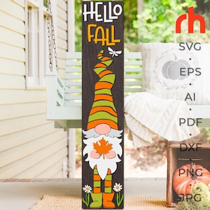 Hello Fall SVG, Layered Porch Sign Cut File, Silhouette of a Gnome with a Leaf, Autumn Leaner DXF, Seasonal Sitter Design