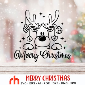 May include: A black and white Christmas reindeer design with the text "Merry Christmas". The reindeer features antlers, hanging ornaments, and stars. Ideal for festive crafts and decorations.