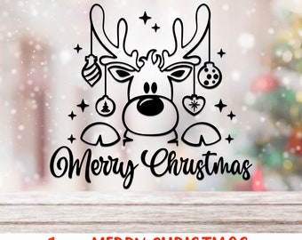 Merry Christmas SVG, Reindeer with Baubles DXF, Christmas Scene Cut File, Xmas Window Decor, Holiday Design, Winter Theme, Deer Outline