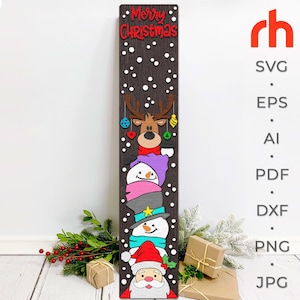 May include: A vertical wooden Christmas sign featuring a stacked design of a reindeer, snowman, and Santa Claus. The sign is dark brown with white snow accents and the words "Merry Christmas" at the top. The characters are brightly colored.