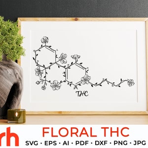 May include: A black and white line drawing of a floral THC molecule. The molecule is made up of six hexagons connected by lines. The hexagons are surrounded by small flowers. The word "THC" is written below the molecule.