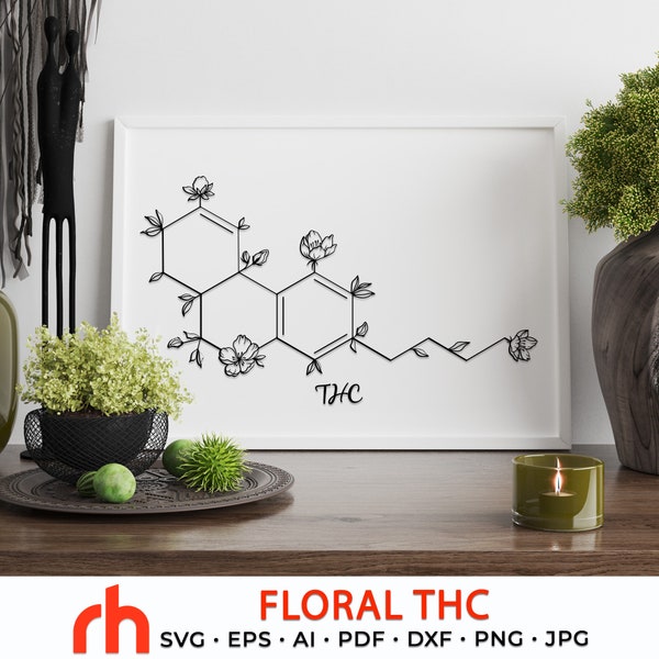 Floral THC SVG, Flower Molecule Cut File, Molecular Structure DXF, Medical Marijuana
