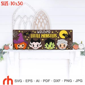 Welkom kleine monsters SVG, horizontaal teken gesneden bestand, silhouetten van schattige Frankenstein, Dracula, mummie en heks, Halloween-mantelscène