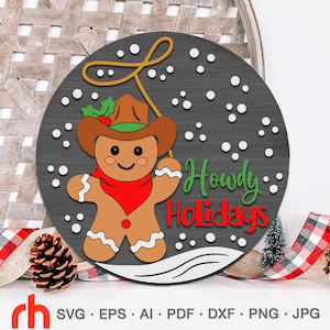 Ciao vacanze in formato SVG, file di taglio per cartello natalizio a strati per porte, silhouette di omino di pan di zenzero da cowboy, appendino da ranch, cartello da appendere in Texas, Natale western