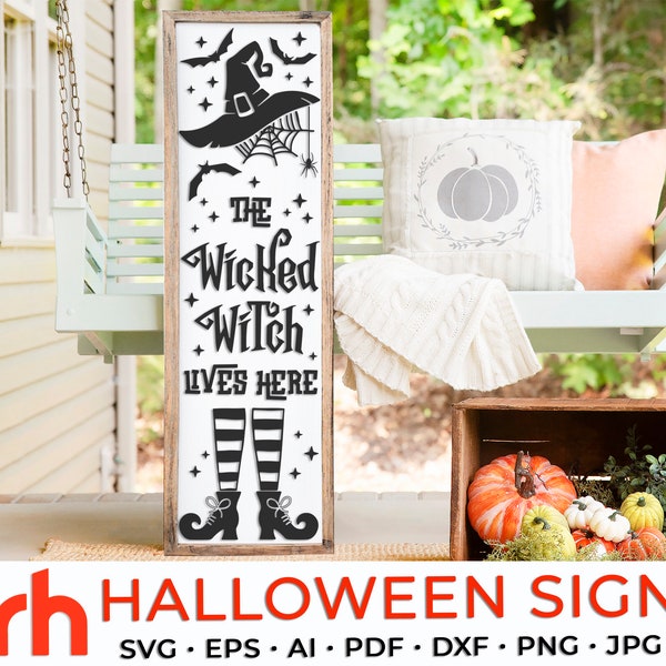 The Wicked Witch Lives Here SVG, Halloween Porch Board Cut File, Vertical Sign DXF, Fall Decor Vector, Autumn Leaner Design