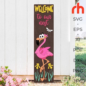 Bienvenue dans notre nid SVG, fichier de coupe de signe de porche de ferme en couches, DXF plus maigre d'été, silhouette drôle de flamant rose, gardien des tropiques