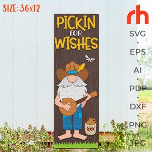Pickin’ for Wishes SVG, archivo de corte de letrero de porche campestre en capas, silueta de un gnomo con un banjo, American Leaner DXF, diseño de Southern Sitter