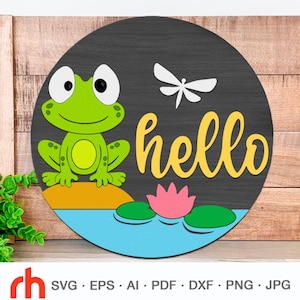 Grenouille Bonjour SVG, fichier de coupe de panneau de porte en couches, campagne ronde cintre DXF, silhouette de grenouille mignonne, décor de ferme