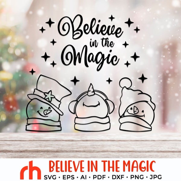 Believe in the Magic SVG, Xmas Snowmen DXF, Christmas Scene Cut File, Xmas Window Decor, Holiday Design, Winter Theme, Snowman Outline