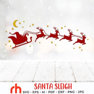 Slitta di Babbo Natale SVG, file di taglio di Babbo Natale e renne, vettore di scena di Natale, design natalizio, Babbo Natale con luna e stelle DXF, arredamento invernale