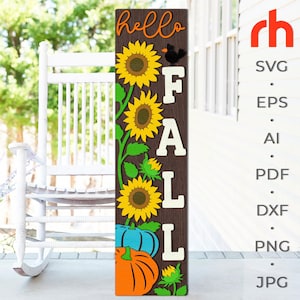 Hola Otoño SVG, Archivo de corte para letrero de porche en capas, Silueta de girasol y calabaza, DXF de agradecimiento, Decoración de otoño