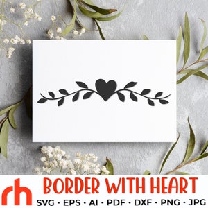 Bordure avec coeur SVG, fichier de coupe de couronne de feuilles, séparateur de mariage DXF, conception de mariage