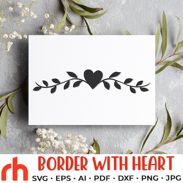 Border with Heart SVG, Leaves Wreath Cut File, Wedding Divider DXF, Wedding Design