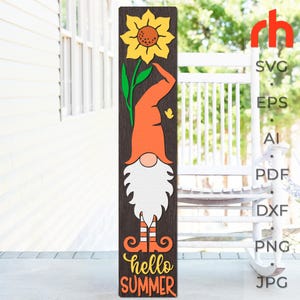 Bonjour l'été SVG, fichier de coupe de panneau de porche en couches, Silhouette d'un gnome avec un tournesol DXF, bienvenue plus mince, gardienne d'été