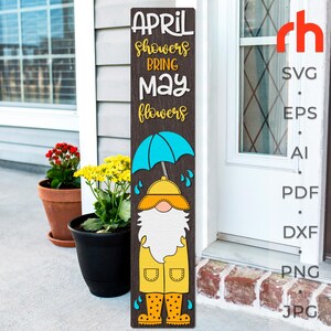 Chuvas de abril trazem flores de maio SVG, Placa de varanda de primavera DXF, Arquivo de corte mais fino em camadas, Silhueta de um gnomo com um guarda-chuva, Babá sazonal