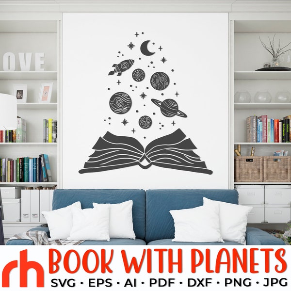 Book with Planets SVG, Reading Space Cut File, School Library DXF, Book Lover Design, Bookworm Vector, Open Book