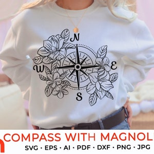 Kompas met magnolia's SVG, bloemen kompasvector, bloemontwerp gesneden bestand, bohoshirt DXF