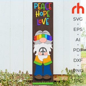 Peace Hope Love SVG, gelaagde veranda teken gesneden bestand, kabouter hippie silhouet, groovy slankere DXF, hippie sitter ontwerp, boho decor