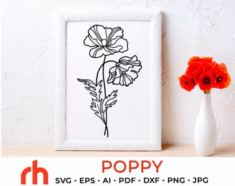 Poppy SVG, Leo Flower Cut File, August Plant DXF, Birth Month Flower Vector, Poppy Outline