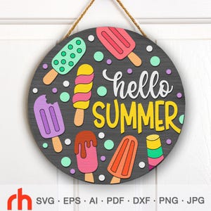 Hallo Sommer SVG, Schicht-Türschild Schnittdatei, Eis am Stiel Silhouette, Eis runder Aufhänger DXF, Gartenschild, saisonales Dekor