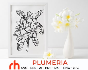 Plumeria SVG, Frangipani Cut File, Hawaiian Flower DXF, Tropical Plant Vector, Beach Floral Design, Aloha, Boho