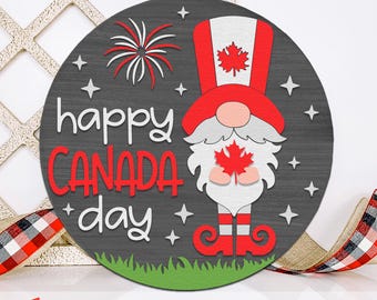 Happy Canada Day SVG, Layered Door Sign Cut File, Canadian Round Hanger DXF, Silhouette of a Gnome with a Maple Leaf, Patriotic Hanging Sign