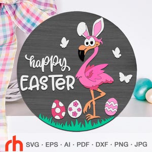 Vrolijk Pasen SVG, gelaagd deurbord gesneden bestand, lente ronde hanger DXF, silhouet van een flamingo met konijnenoren, tropisch decor