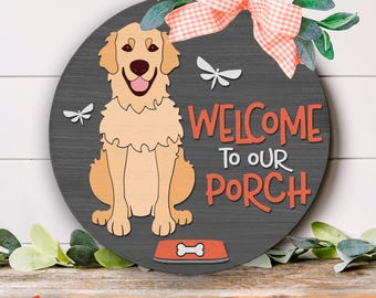 Witamy na naszym ganku SVG, plik do wycinania napisów na drzwiach, dekoracja dla miłośników zwierząt, okrągły wieszak z psem DXF, sylwetka golden retrievera