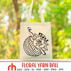 Floraler Yarn Ball SVG, Blumenmuster, Häkelnadel DXF, Stickgarn Vektor, Wollknäuel Umriss, Love Crochet