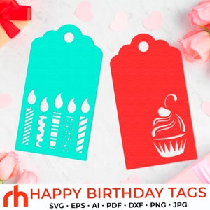Alles Gute zum Geburtstag Tags SVG, Geschenkanhänger schneiden Datei, Geburtstag Tags DXF, dekorative Tags Vektor, Kuchen Tags Design