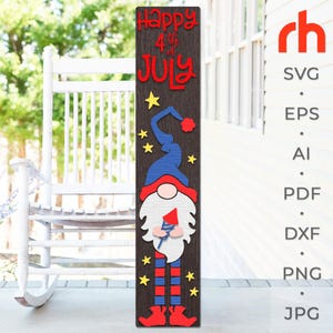 Feliz 4 de julio SVG, archivo de corte de letrero de porche del Día de la Independencia, DXF de niñera de verano, silueta de un gnomo con fuegos artificiales, patriótico Leaner